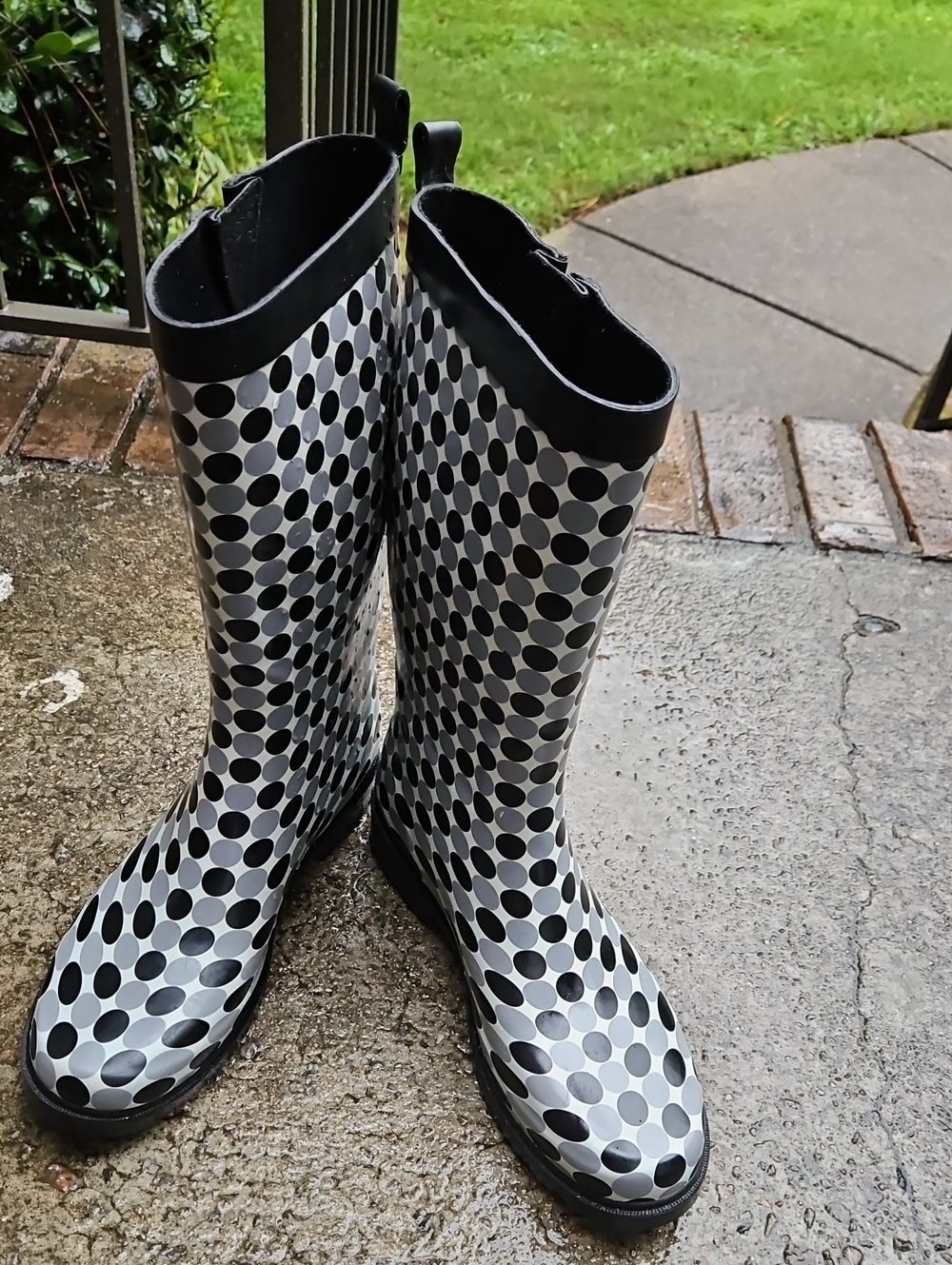 Capelli of New York Black Grey White Polka Dot Tall Rain Boots Size 12 - Picture 8 of 17